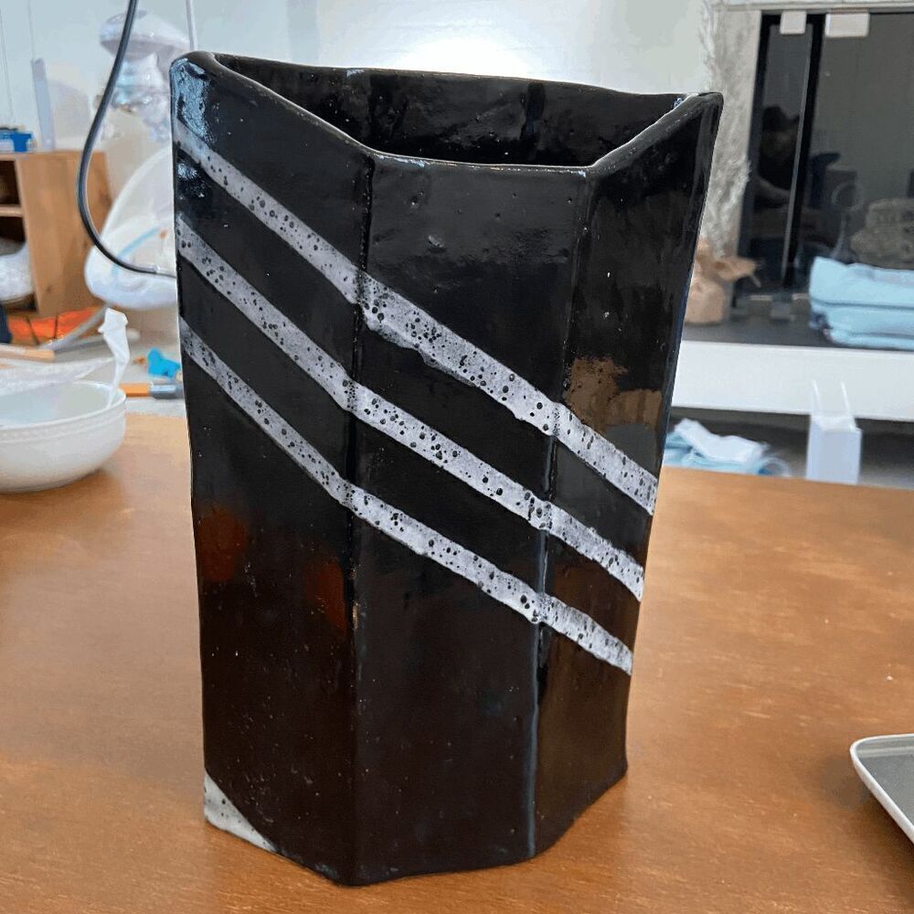 Handcrafted Hexagon Ceramic Vase - Black with White Stripes, Modern Abstract